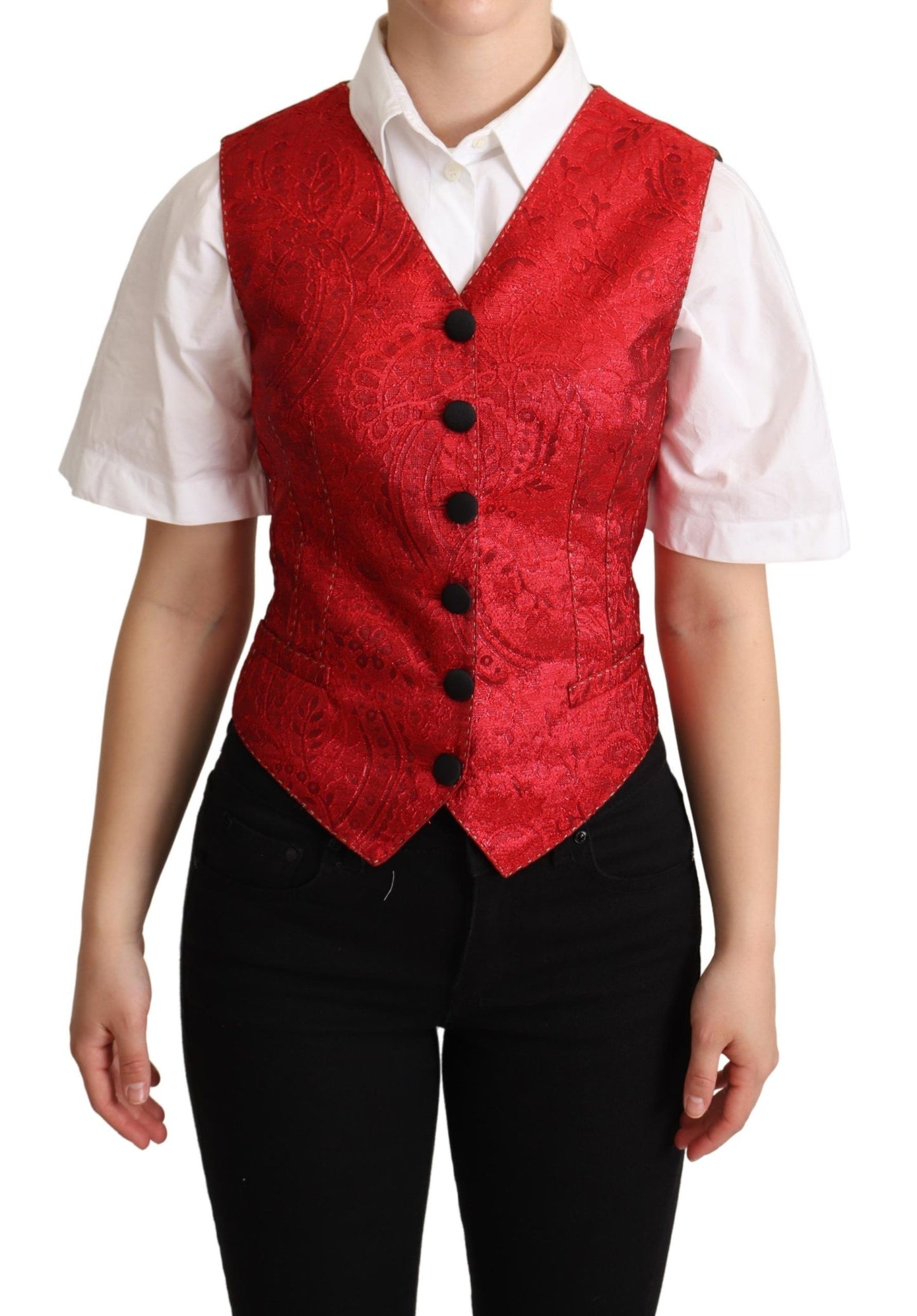 Dolce & Gabbana Red Brocade Leopard Print Waistcoat