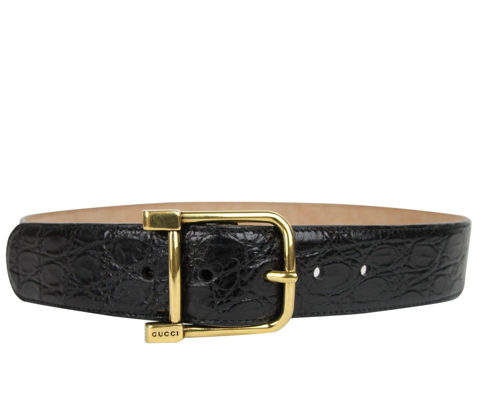 Gucci Women's Gold Square Buckle Black Crocodile Belt