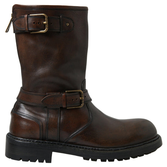 Dolce & Gabbana Elegant Brown Leather Mid-Calf Biker Boots