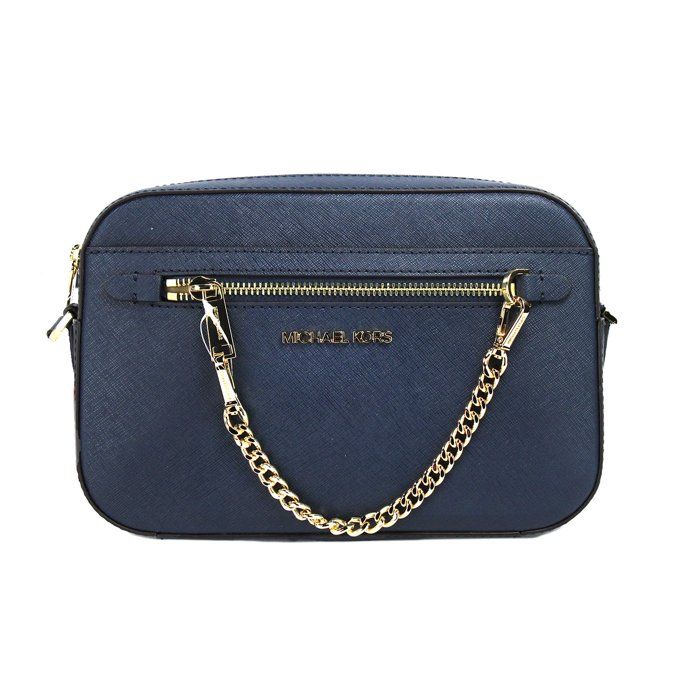 Michael Kors Jet Set Large East West Navy Leather Zip Chain Crossbody Bag Purse