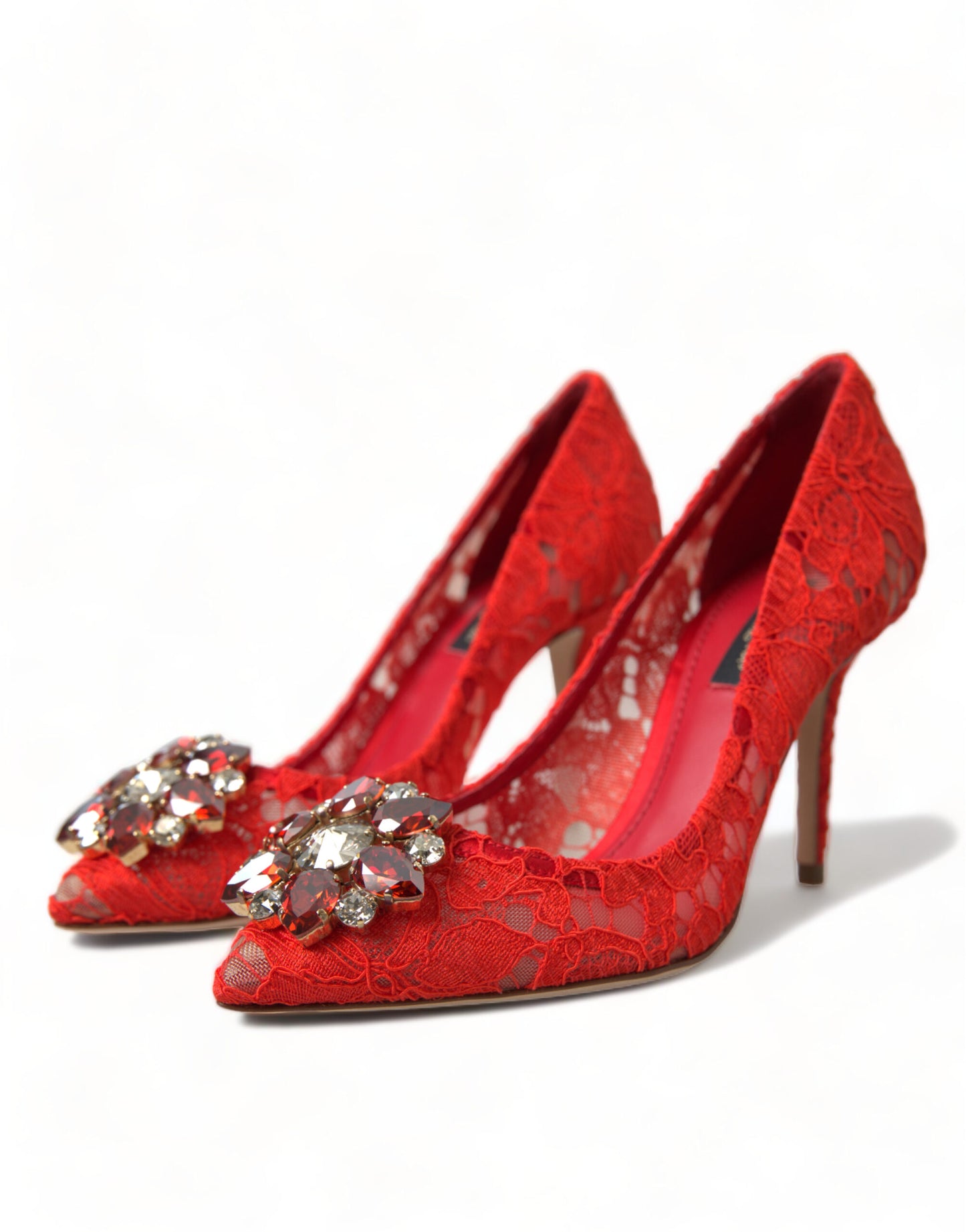 Dolce & Gabbana Exquisite Crystal-Embellished Red Lace Heels