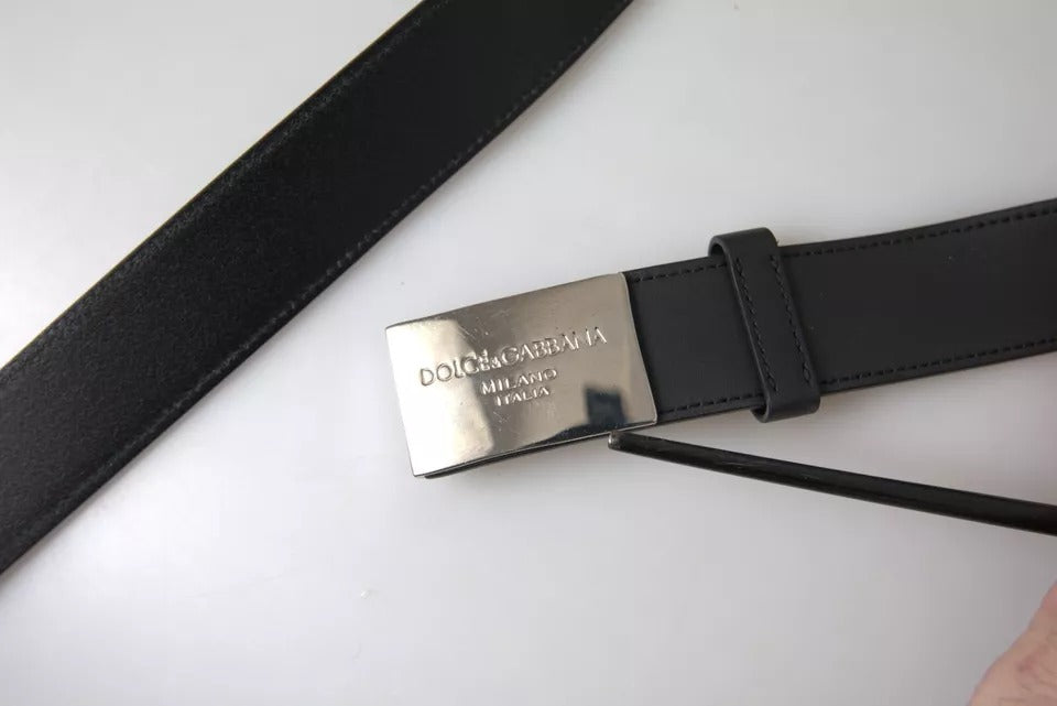 Dolce & Gabbana Black Leather Silver Rectangle Buckle Belt