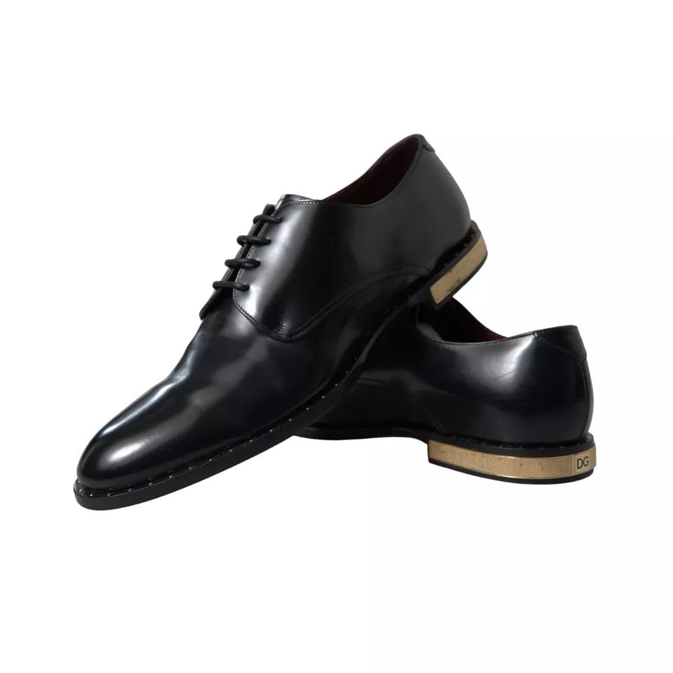 Dolce & Gabbana Black Leather Gold Heel Derby Dress Shoes