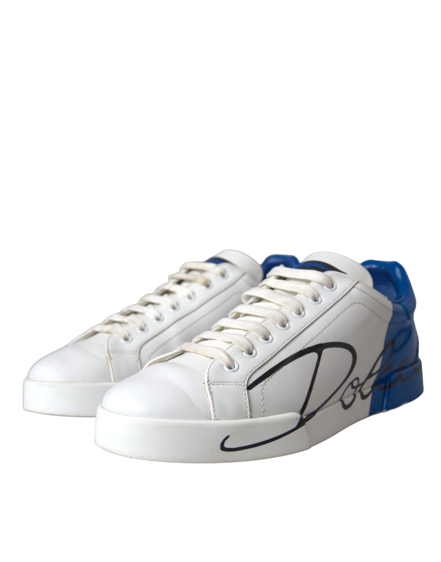 Dolce & Gabbana White Blue Leather Logo Low Top Sneakers Shoes