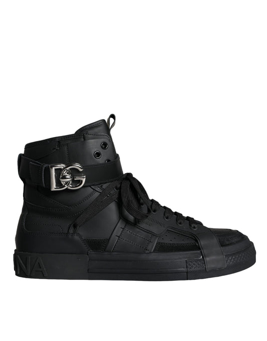 Dolce & Gabbana Black Leather High Top Logo Sneakers Shoes