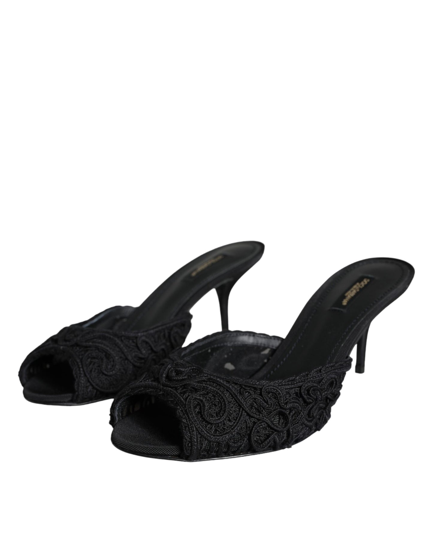 Dolce & Gabbana Black Keira Cordonetto Heels Slides Shoes