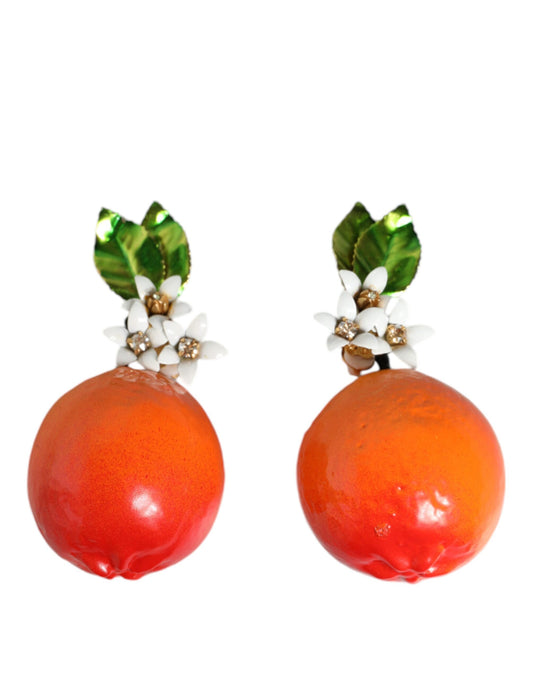 Dolce & Gabbana Gold Tone Brass Crystals Orange Lily Clip On Earrings