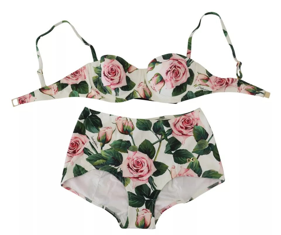 Dolce & Gabbana White Floral 2 Pc Bikini Top Bottom Beachwear Swimwear